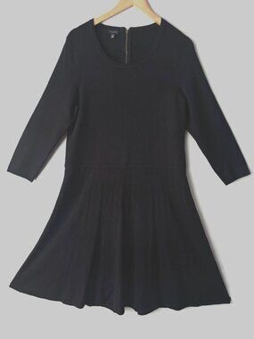 Talbots Black Knit Sweater Dress XL 3/4 Sleeve Pleated Fit Flare Quiet Luxury